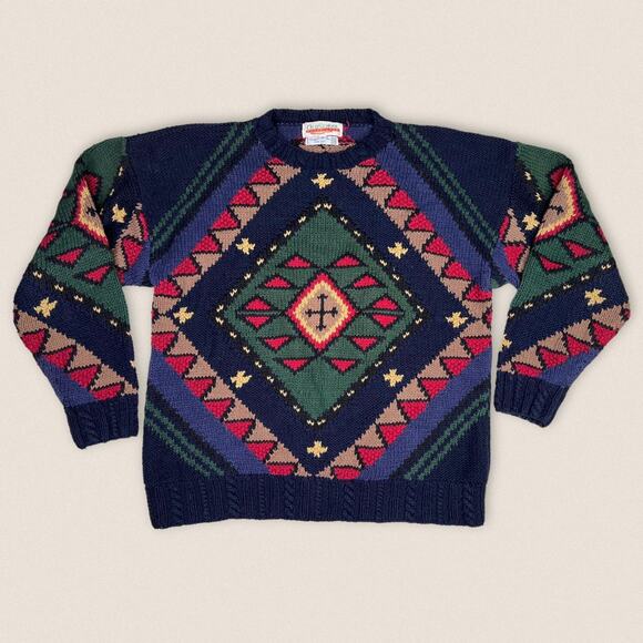 Vintage 90s Chunky Oversized Sweater Crew Neck Aztec Western Size Medium